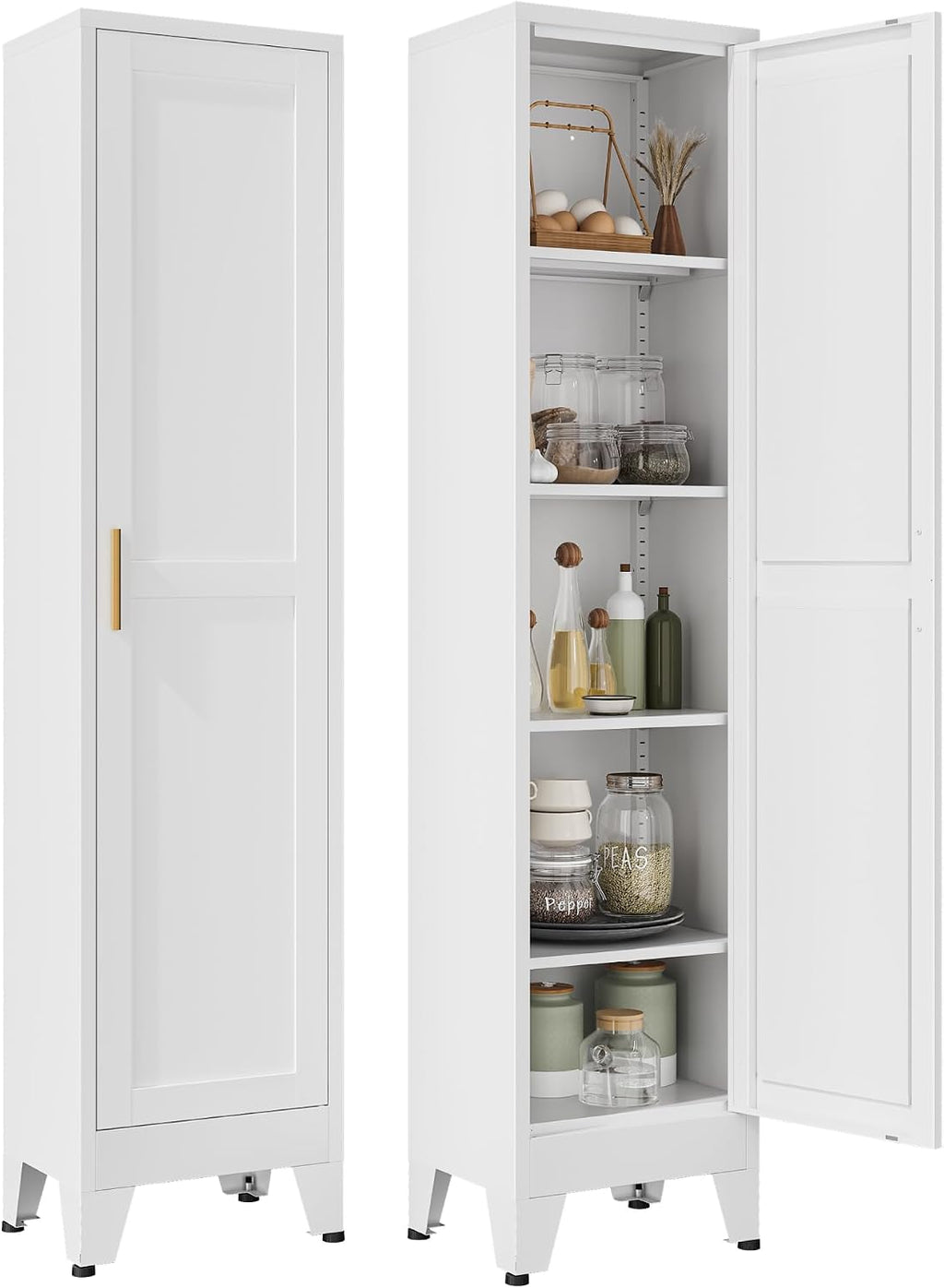 YAUWOH White Narrow Metal Storage Cabinet, Tall Freestanding Cabinet with 4 Adjustable Shelves & Barn Doors, Pantry Organizer for Bathroom Kitchen Home Office Dining Room（1PC,White）