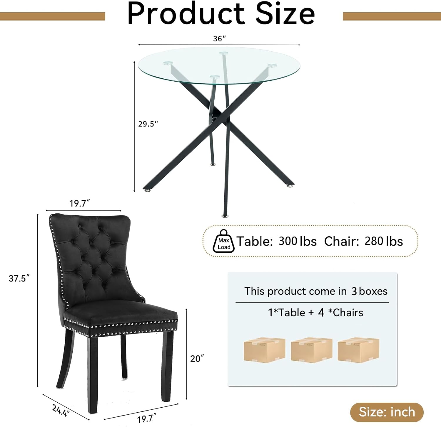 SSLine Modern 5-Piece Round Glass Dining Table Set for 4, Luxury 36" Circle Clear Glass Top Dining Room Table with 4 Clear Tufted Chairs for Kitchen Home Office