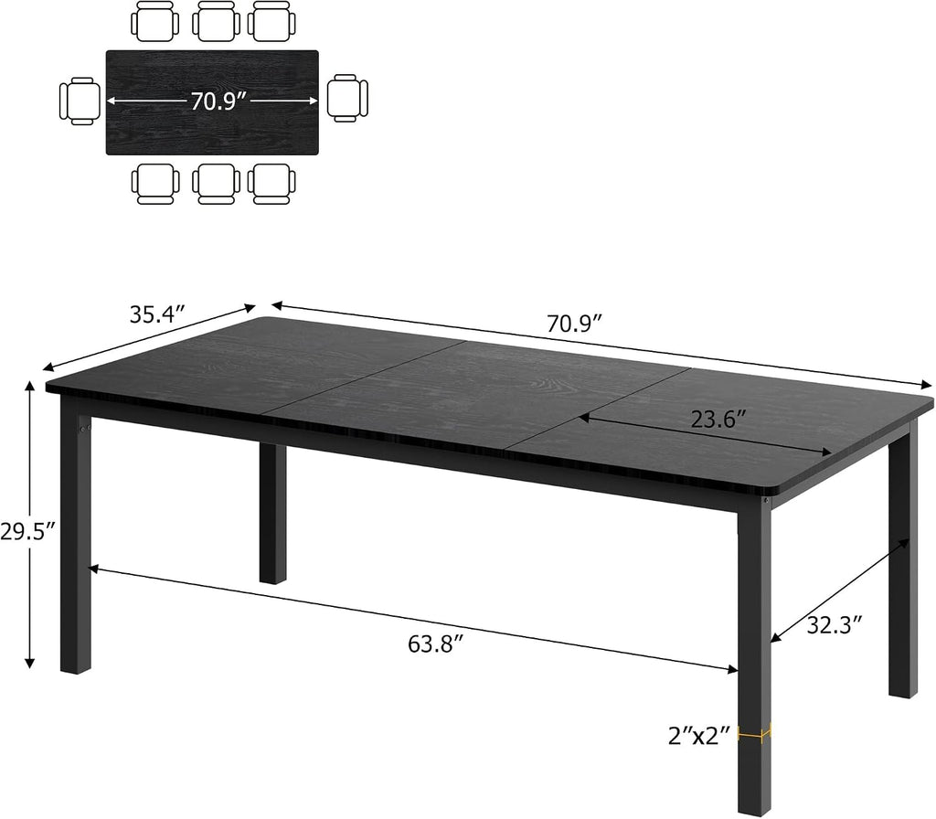 71 inch Long Rectangle Dining Table, MDF Top + Iron Legs with Rounded Corners, Modern Industrial Style Kitchen Table for 6-8 Persons, Black