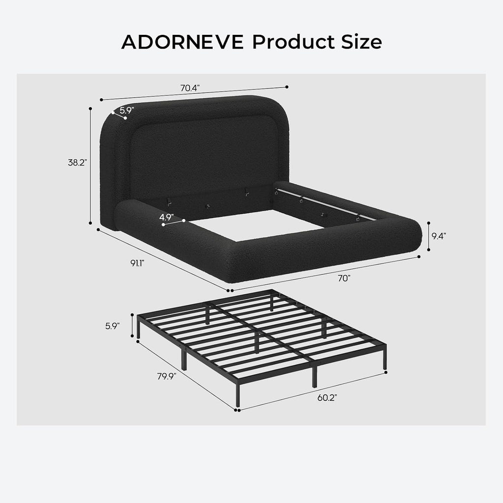 ADORNEVE Upholstered Queen Cloud Bed Frame with 5.9" Headboard, Black