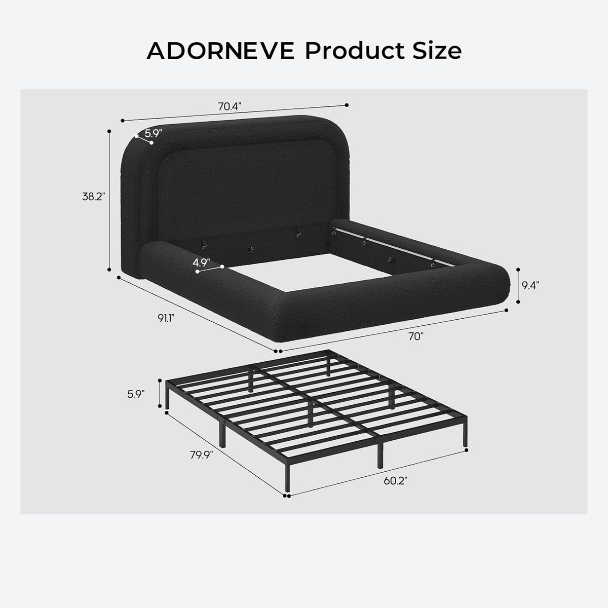 ADORNEVE Upholstered Queen Cloud Bed Frame with 5.9" Headboard, Black