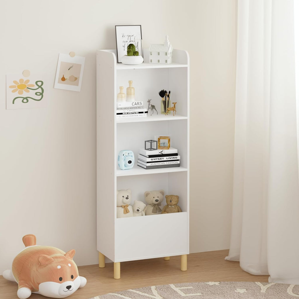 Kids Furniture Set for Bedroom Toddler Table and Chair Desk Toy | Multi-purpose 4-tier bookshelf for books, toys, art accessories. High-density MDF board and pine wood legs. Easy setup w
