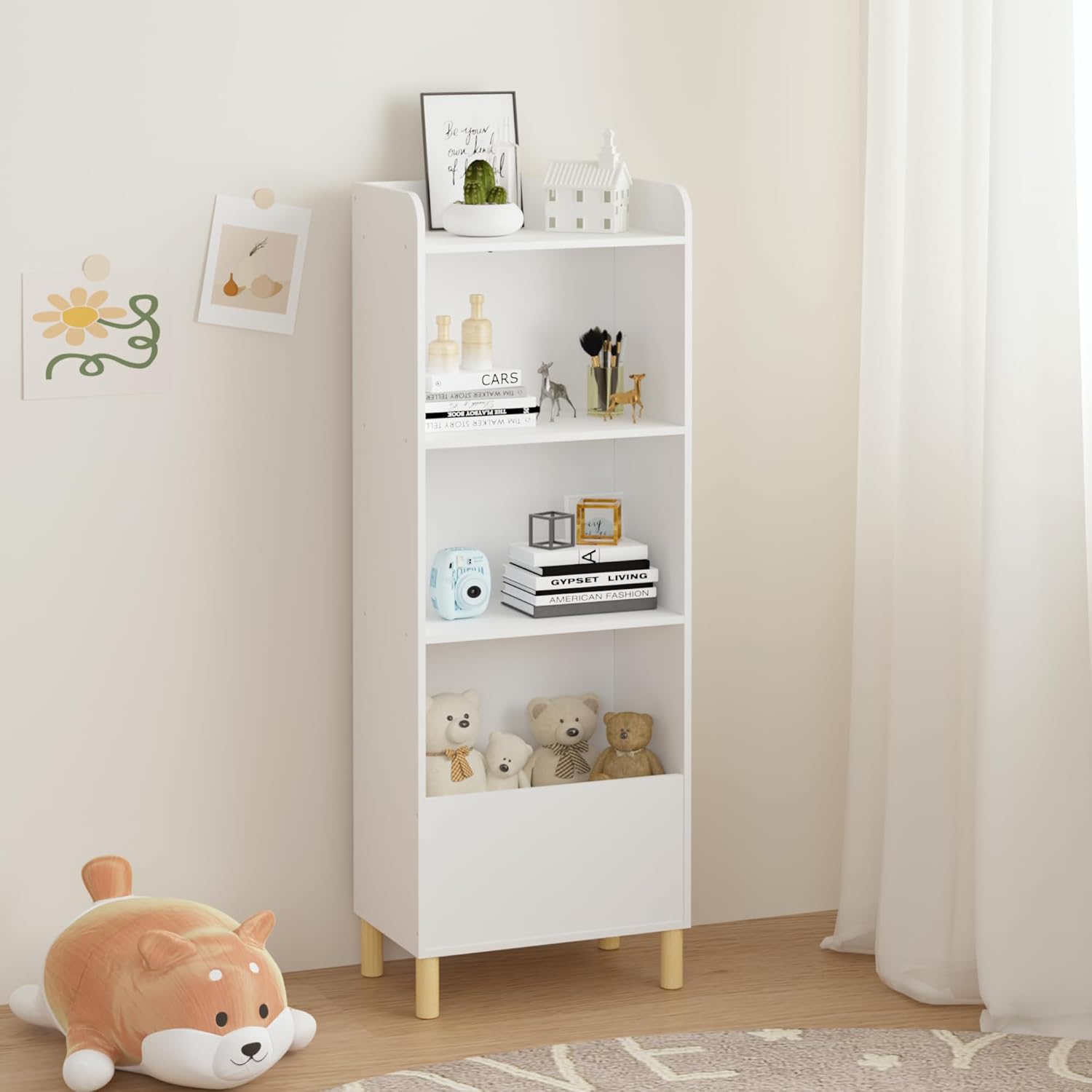 Kids Furniture Set for Bedroom Toddler Table and Chair Desk Toy | Multi-purpose 4-tier bookshelf for books, toys, art accessories. High-density MDF board and pine wood legs. Easy setup w