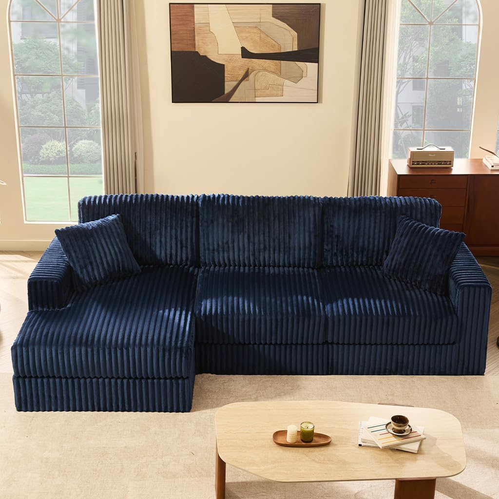 GOSUHI 113" L-Shaped Cloud Couch, Modular Sectional, Deep Seats, Navy | Pocket Spring Cushions, Oversized 3-Seater, Left Facing Chaise, Corduroy Upholstery Couches for Living Room