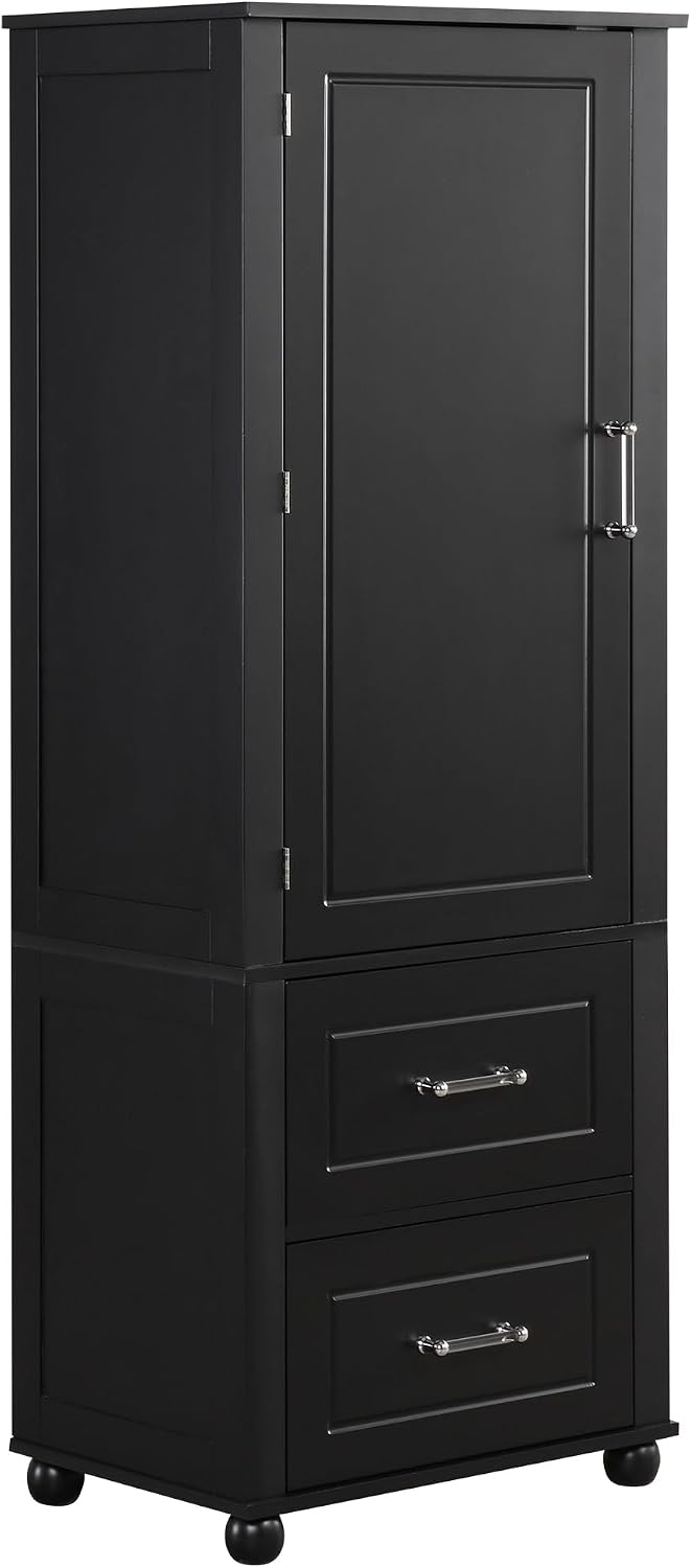 Merax 61.4" Pantry Cabinet with One Door & Two Drawers, Adjustable Shelves Storage Cupboard for Kitchen/Dining Room/Bathroom, Soild Wood Legs, Black