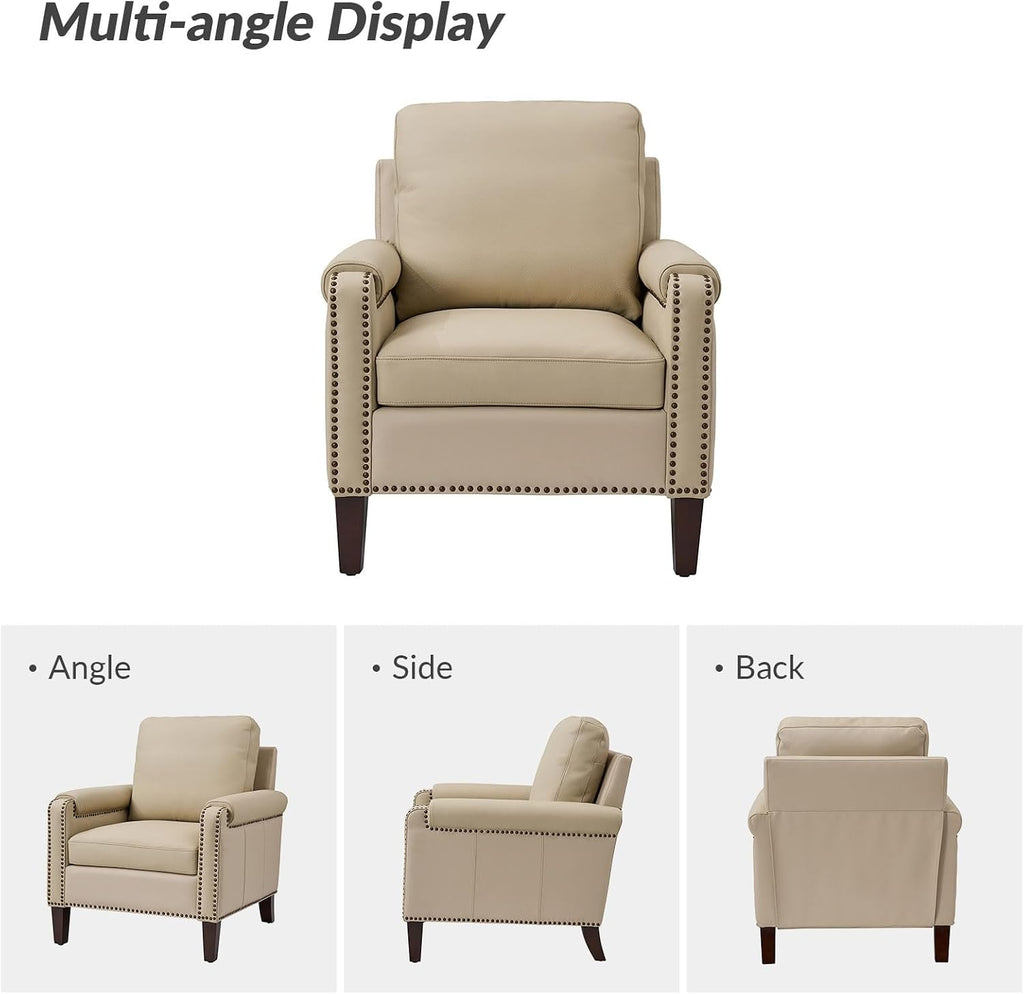 HULALA HOME Genuine Leather Accent Chair Set of 2 with Nailhead Trim, Beige | Mid-Century Modern Armchair with Solid Wood Legs, Rolled Arms, and Removable Cushion