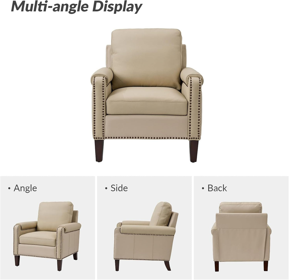 HULALA HOME Genuine Leather Accent Chair Set of 2 with Nailhead Trim, Beige | Mid-Century Modern Armchair with Solid Wood Legs, Rolled Arms, and Removable Cushion