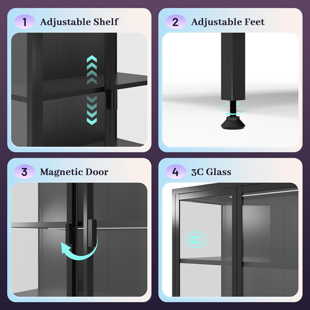 71" H Display Cabinet with Glass Doors,Display Case with LED Sensor Lights,Glass Display Cabinet with Adjustable Shelves and Feet,Display Cabinets for Living Room/Bedroom/Kitchen
