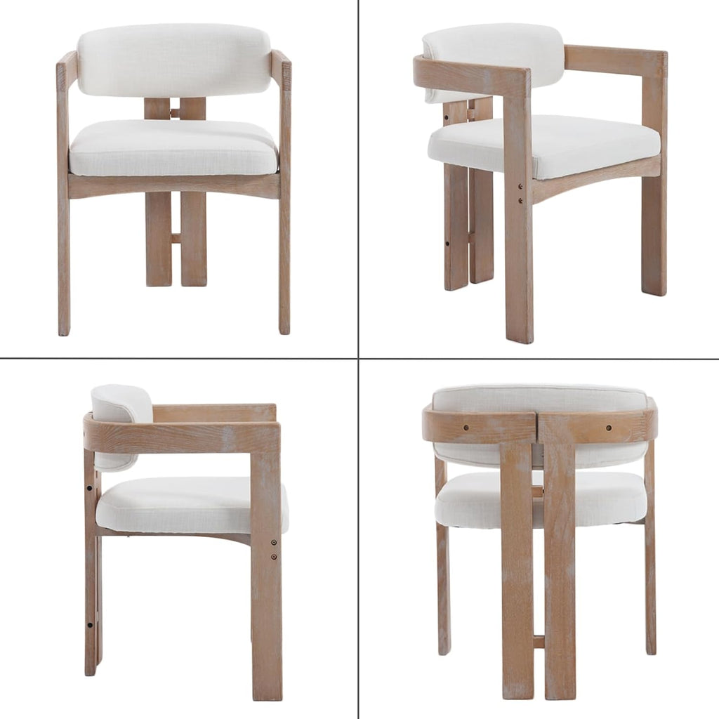 chairus Modern Barrel Dining Chairs Set of 4, Linen Upholstered Dining Room Chairs with Arm & Curved Back, Farmhouse White Washed Natural Wooden Side Kitchen Chairs, Beige Fabric