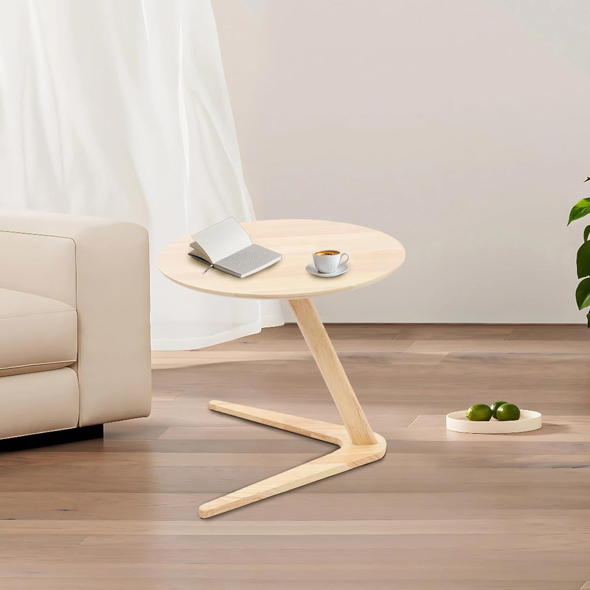 C Shaped End Table, Small Side Table, Wood Coffee Snack TV Tray Table with Metal Frame, Couch Side Table That Slides Under, Modern Sofa Tables with Round Tabletop for Sofa Couch Bed (Burlywood)
