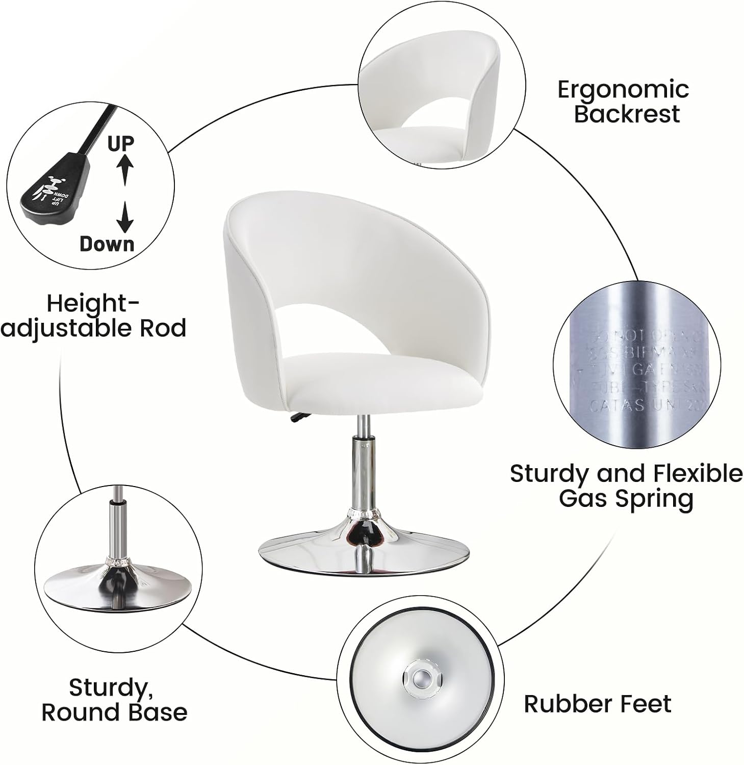 Furniliving Makeup Vanity Chair, Flexible Round-Back Accent Chair with Plated Frame, Height Adjustable Swivel Chairs for Bedroom Charming Chair, Living Room, Office, PU, White