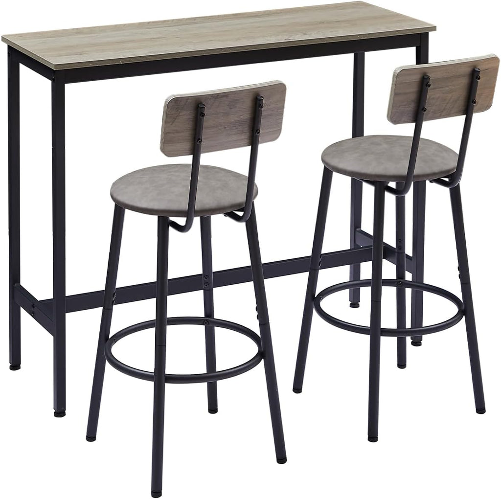 43.31" Bar Table Set for 2, Counter Height Dining Table with PU Upholstered Bar Stools and Backrests, Space-Saving Small Kitchen Table for Breakfast Nook,Grey