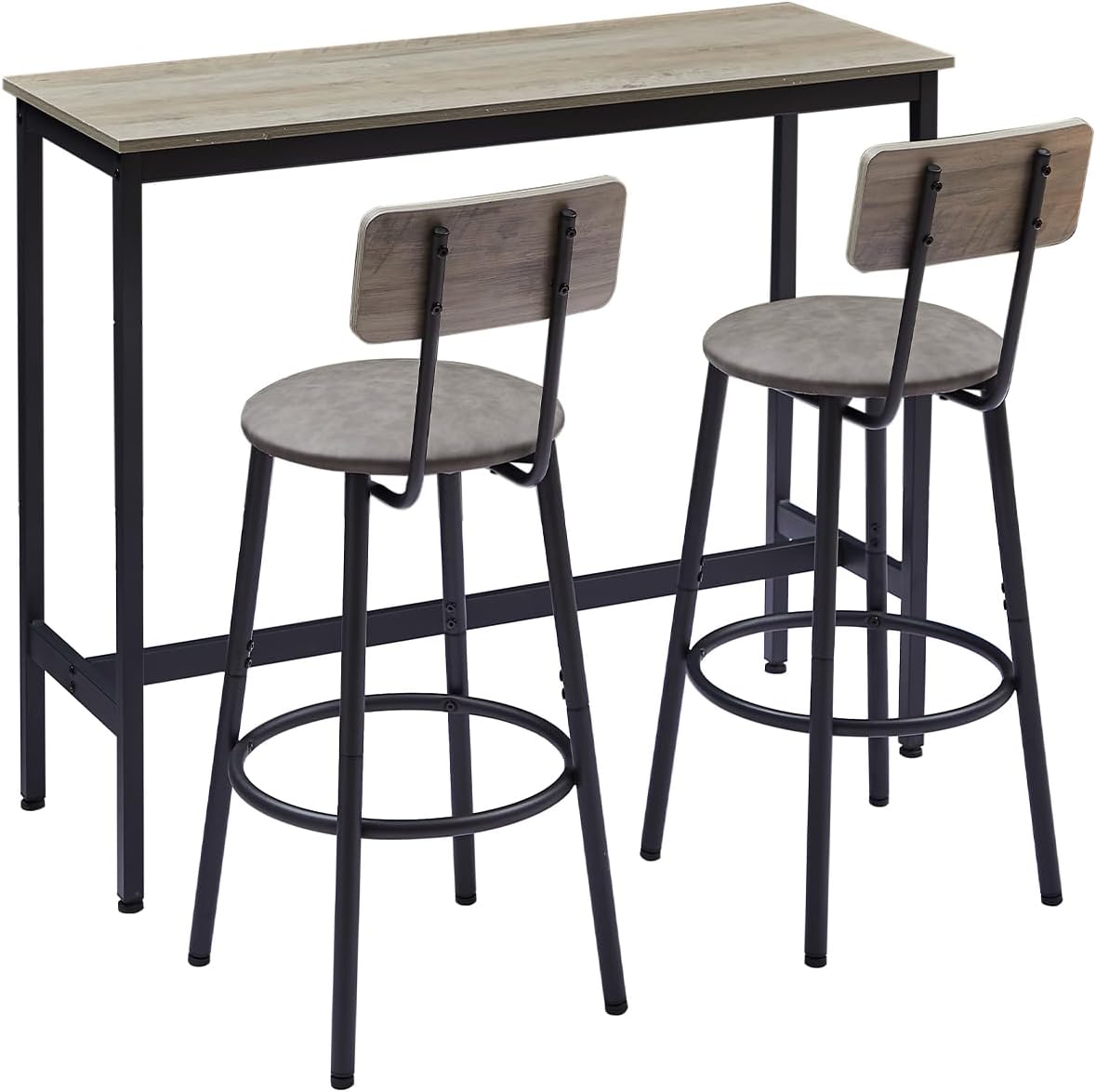 43.31" Bar Table Set for 2, Counter Height Dining Table with PU Upholstered Bar Stools and Backrests, Space-Saving Small Kitchen Table for Breakfast Nook,Grey