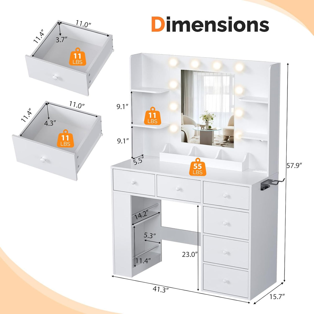 VINGLI Vanity Desk with Mirror and Lights, Makeup Vanity Table w/ 6 Storage Drawers & Shelevs, 58in White Dressing Table Built in Hollywood Bulbs & Charging Station & Hairdryer Holder, Gifts for Girls