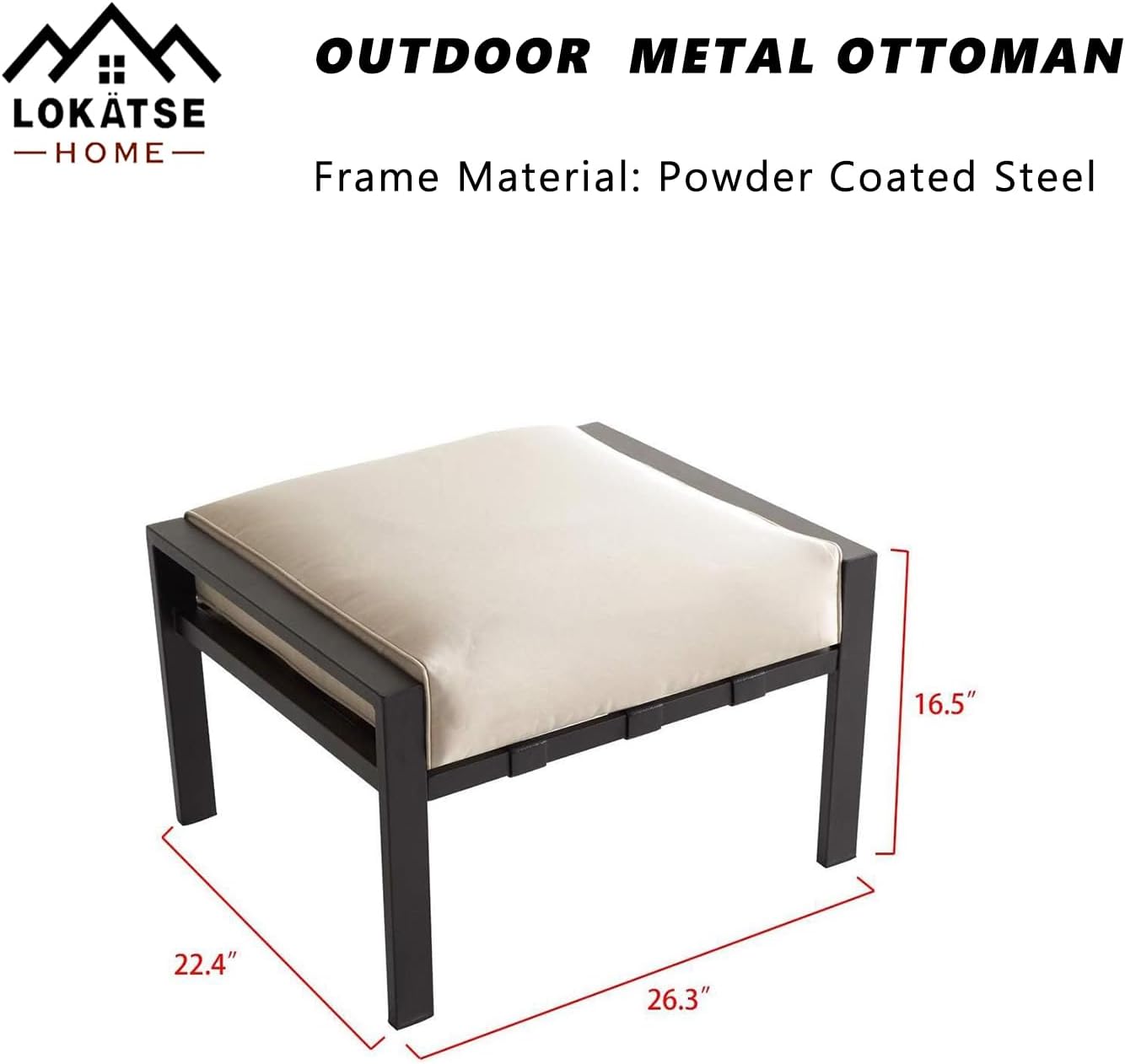 LOKATSE HOME Outdoor Patio Ottoman Metal Footstool with Soft Thick Cushion for Backyard Deck Lawn Garden, Beige
