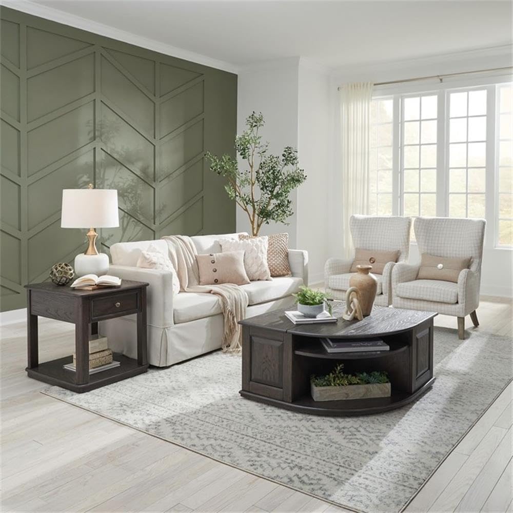 Pemberly Row 3 Piece Table Set, Rubberwood and Oak Veneers, Aged Oak Finish, Includes Cocktail Table with Lift Tops and Casters, 2 End Tables with Drawers, Antique Pewter Knobs, Living Room Furniture