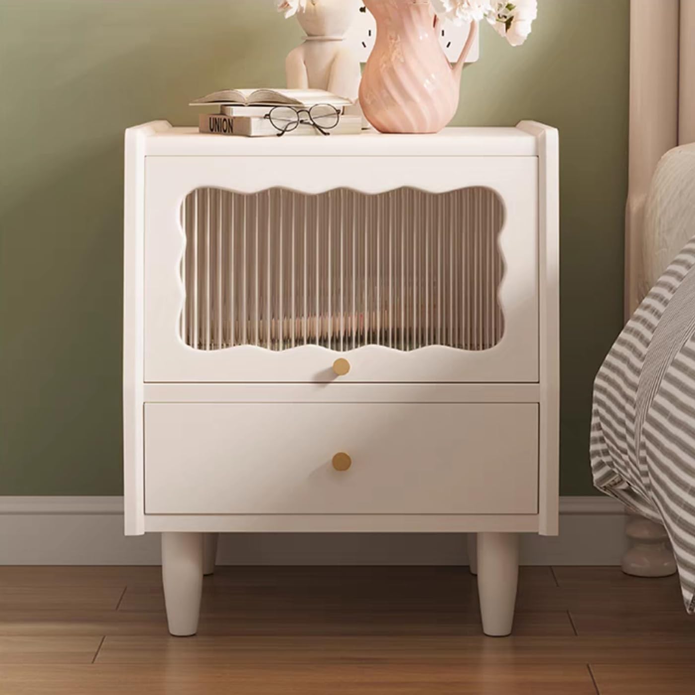 Gdrasuya10 White Solid Oak Wood Nightstand with 2 Drawers, Mid-Century Modern Night Stand Bedside Table Square Small Nightstand End Table Side Table for Bedroom Living Room