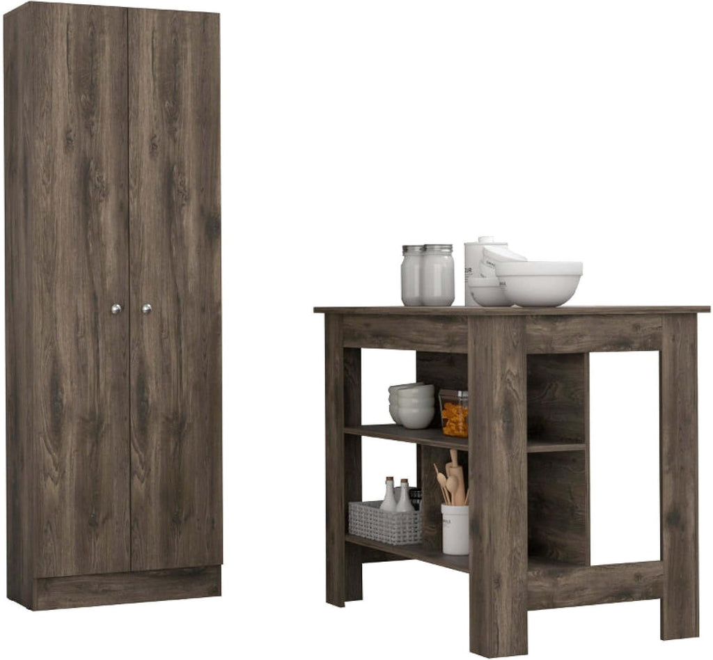 Brookvale 8-Shelf 2-Door 2-Piece Kitchen Set, Kitchen Island and Pantry Cabinet Dark Brown