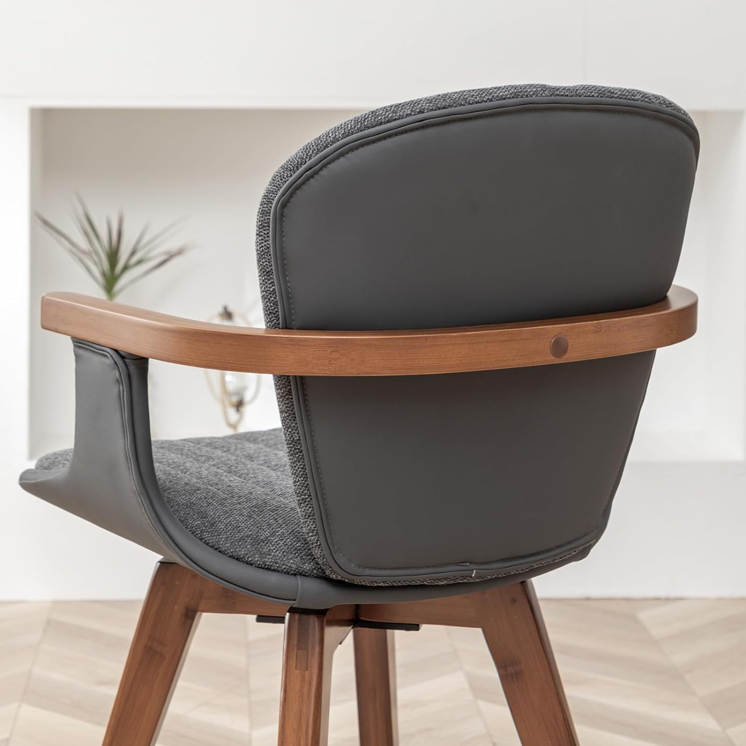 LUNLING Swivel Dining Chairs Set of 2, Mid Century Modern Gray Fabric+Faux Leather Kitchen Chairs with Arms,Bamboo Legs Side Chairs No Wheels,Accent Chair for Dining Rooms and Offices(Gray Fabric)