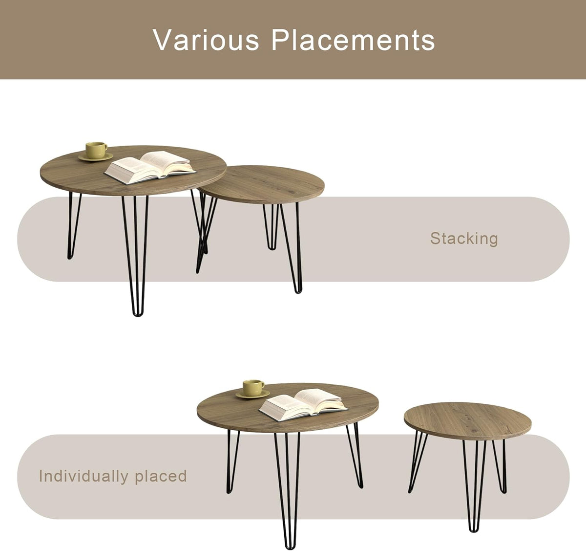 Small Round Nesting Coffee Table Set of 2 for Living Room, 27.56 inch Wood Modern Stacking Circle Coffee Table Side Table End Table with Metal Frame for Bedroom（Brown