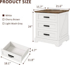 Whalefall 3 Drawers Farmhouse Nightstand with Charging Station, White | 22'' Wide Bedside Table for Bedroom, Large End Table with Storage for Living Room, Wooden Pedestal