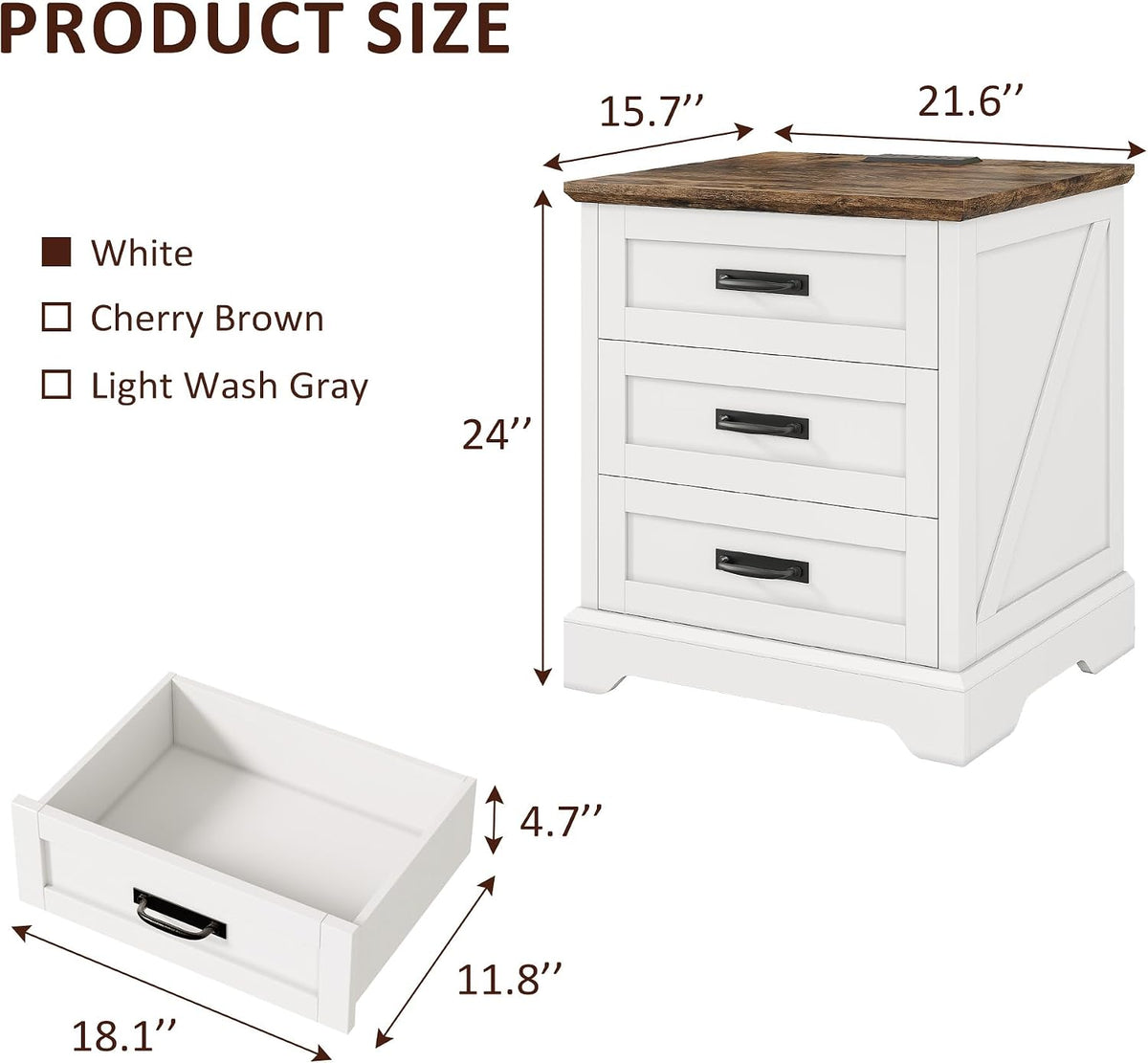 Whalefall 3 Drawers Farmhouse Nightstand with Charging Station, White | 22'' Wide Bedside Table for Bedroom, Large End Table with Storage for Living Room, Wooden Pedestal