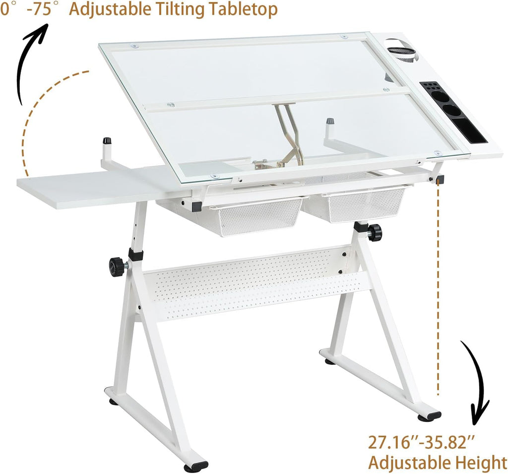 Drafting Table with Stool, Height Adjustable Art Desk with Tilting Tempered Glass Tabletop, Expansion Board, and Multi-Storage, Drawing Table for Studio, Artists, Home Office, Painters, White