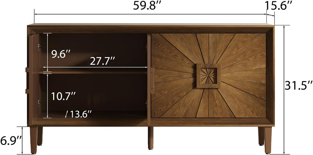 Large Buffet Sideboard Cabinet with Storage,60" Modern Cedenzas Buffet Table American Farmhouse Charm Cabinet with 4 Symmetrical Sunburst Doors for Living Room Hallway, Antique Brown