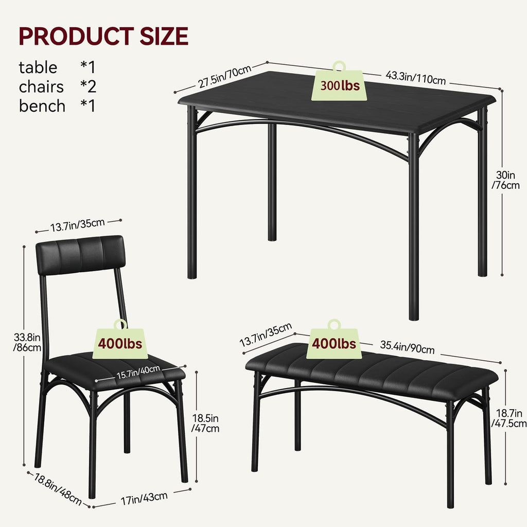 GarveeHome Dining Table Set for 4, Kitchen Table with Upholstered Chairs and Bench, Wood Rectangular Dining Table and Chairs Set for Small Space, Apartment, Dinner, Rustic Black