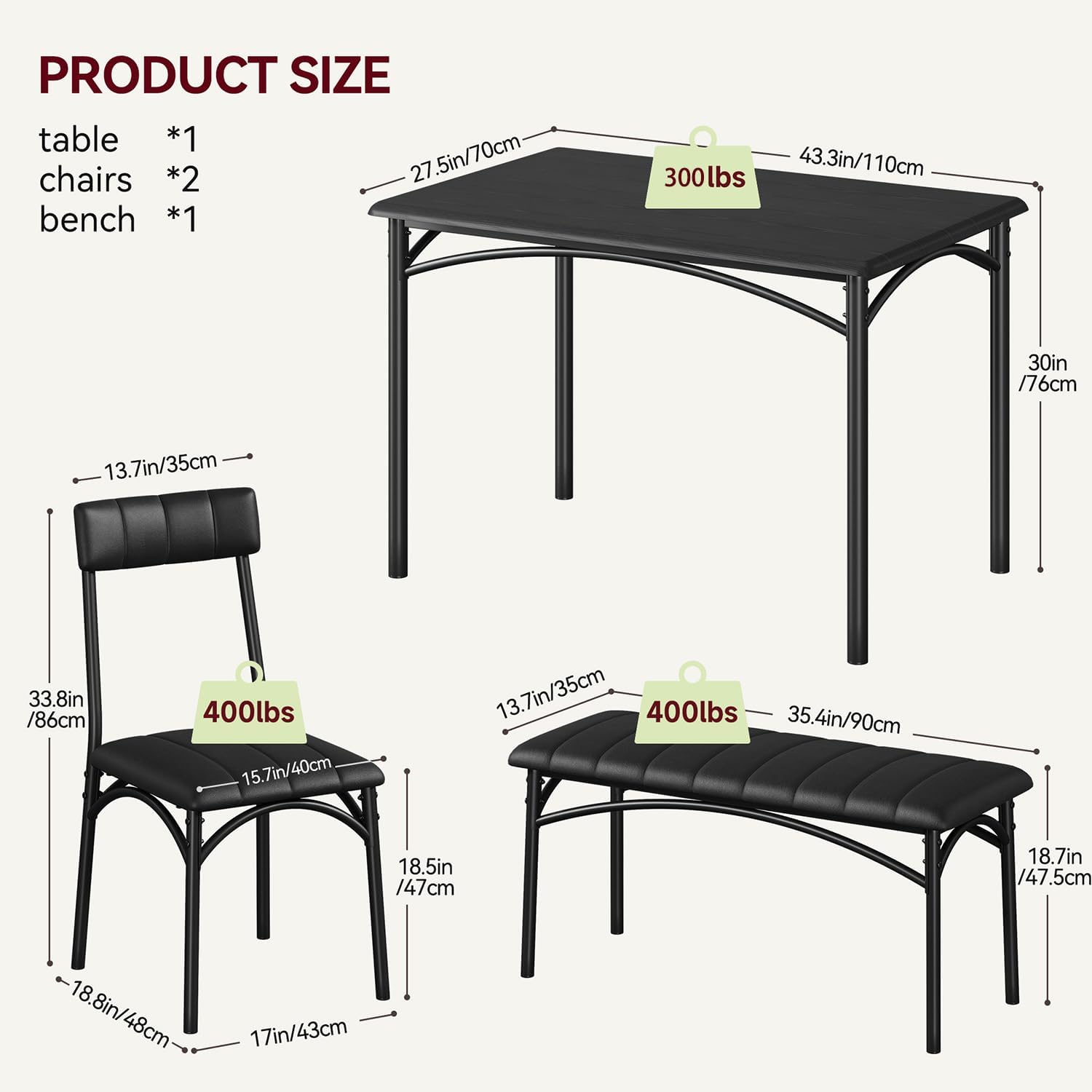 GarveeHome Dining Table Set for 4, Kitchen Table with Upholstered Chairs and Bench, Wood Rectangular Dining Table and Chairs Set for Small Space, Apartment, Dinner, Rustic Black