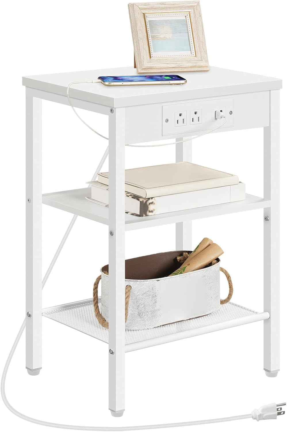 HOOBRO Side Table with Charging Station and USB Port, Small End Table for Small Space, 3-Tier Nightstand with Adjustable Shelf, for Living Room, Bedroom, White WW112BZ01