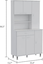 90 Kitchen Pantry Cabinet with Open Shelves, Drawer & Multiple Cabinets, White, Functional Storage for Kitchenware