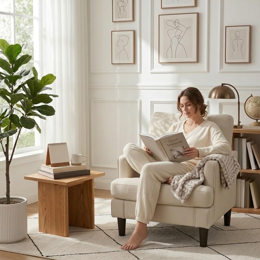 Kromax Accent Chair for Living Room Set of 2, Modern Reading Chair, Beige | Mid-Century Reading Chair for Bedroom, Comfy Upholstered Armchair with Sturdy Legs, Single Sofa Chair for Apartment
