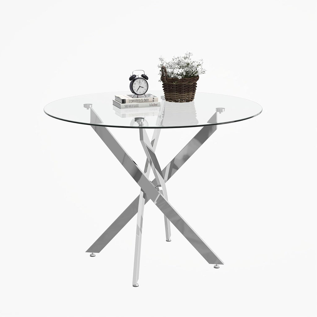 35.5 Inch Round Glass Dining Table, Modern Kitchen Table with 8mm Tempered Glass Top Chrome Metal Legs, Small Round Dining Table for 2–4 People Kitchen Dining Room Apartment