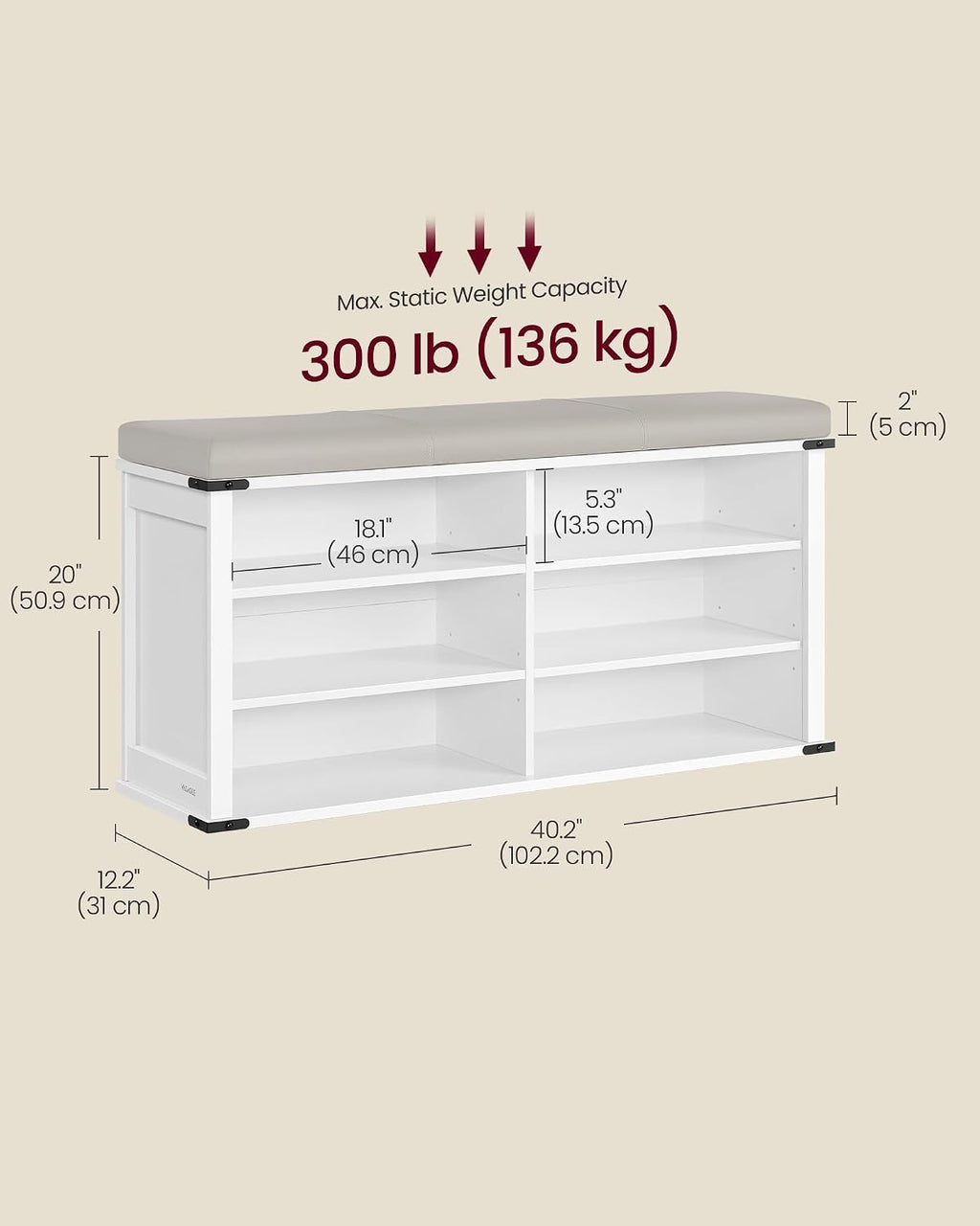 VASAGLE Shoe Storage Bench with Removable Cushion, Adjustable Shelves | Shoe Rack with Padded Seat, Entryway Bench, for Hallway, Bedroom, Cloud White, LIRY Collection ULSB105W01