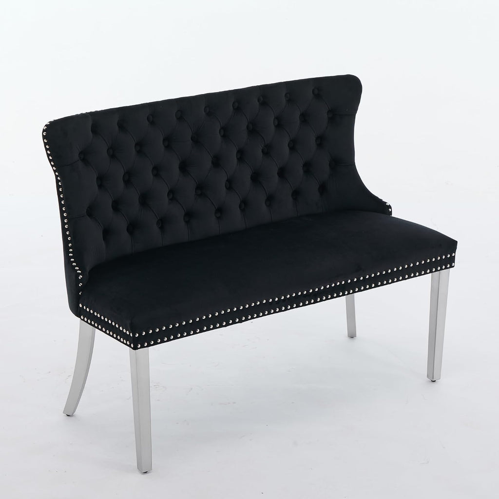 Black Velvet Dining Bench, Tufted Upholstered Dining Loveseat | Wing Back Seating with Silver Stainless Steel Legs, Modern Dining Room Furniture
