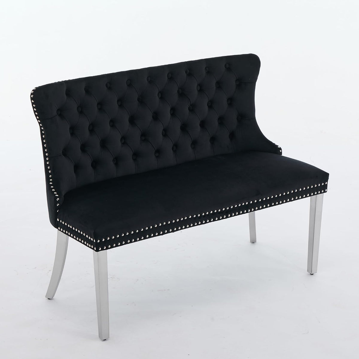 Black Velvet Dining Bench, Tufted Upholstered Dining Loveseat | Wing Back Seating with Silver Stainless Steel Legs, Modern Dining Room Furniture