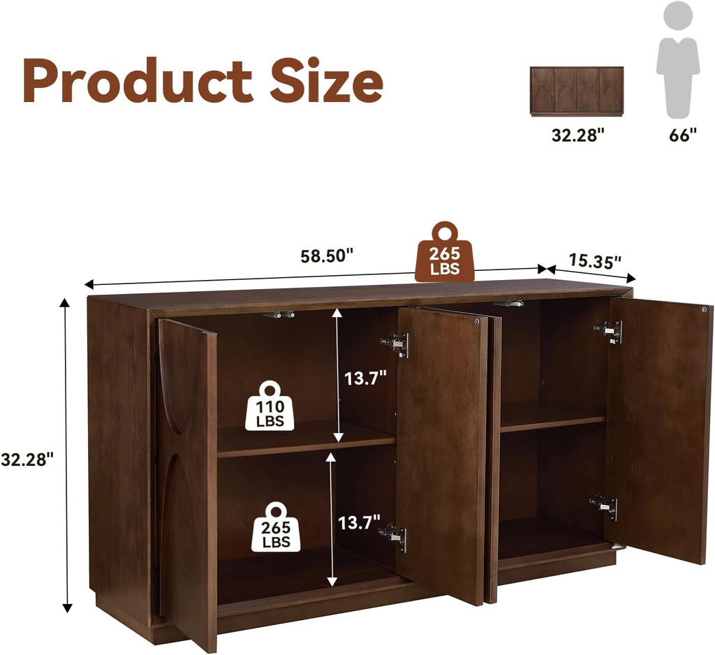 59" Sideboard Buffet Cabinet with Storage, Mid-Century Modern Sculpted Door Design Buffet Sideboard Accent Credenza with Adjustable Shelves for Living Room Kitchen Hallway (Walnut)