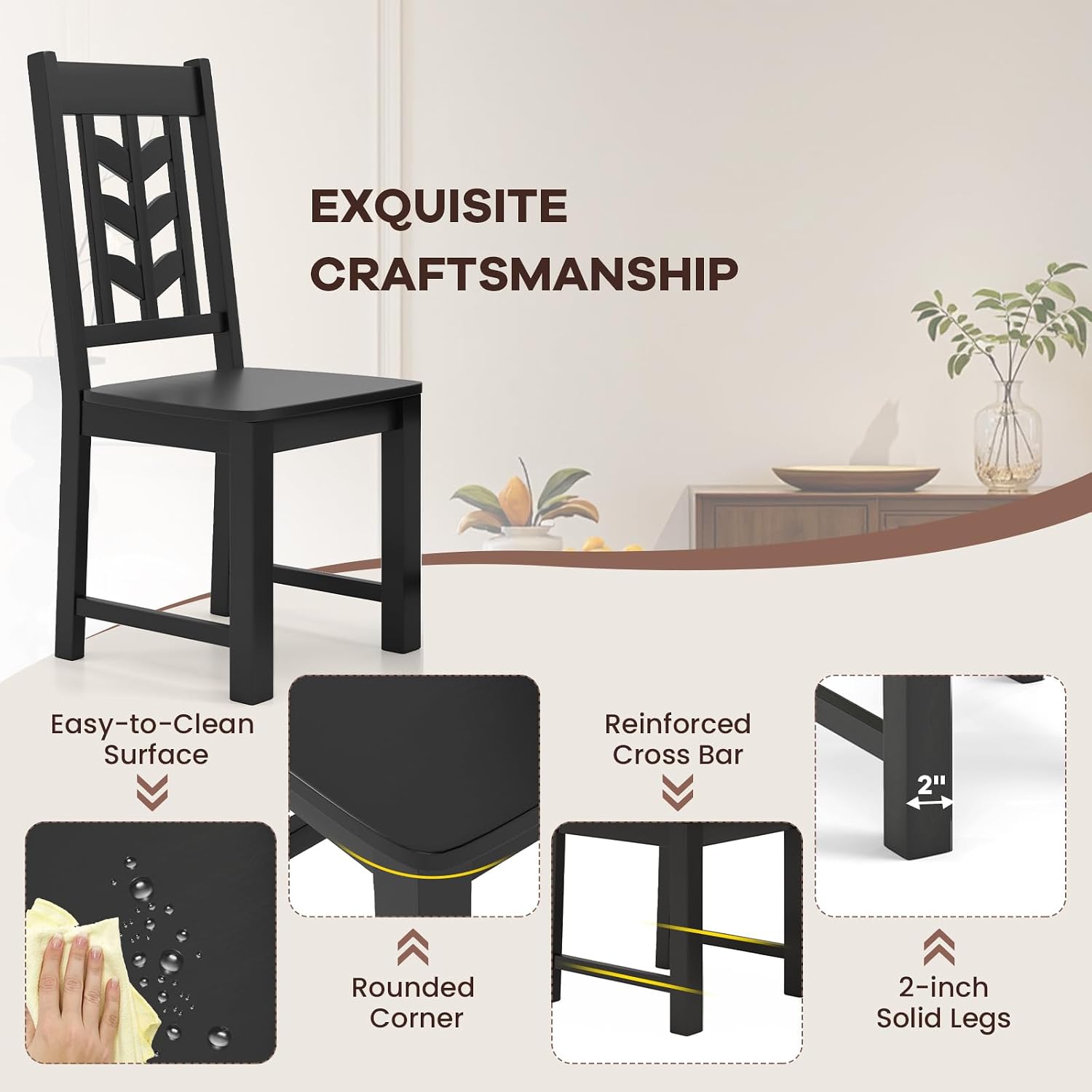 NAFORT Wood Dining Chairs Set of 6, Black Kitchen Chairs, Solid Rubber Wood Chair with Non-Slip Foot Pads, Max Load of 430 Lbs, Farmhouse Seat High Chevron Back Dining Room Chairs