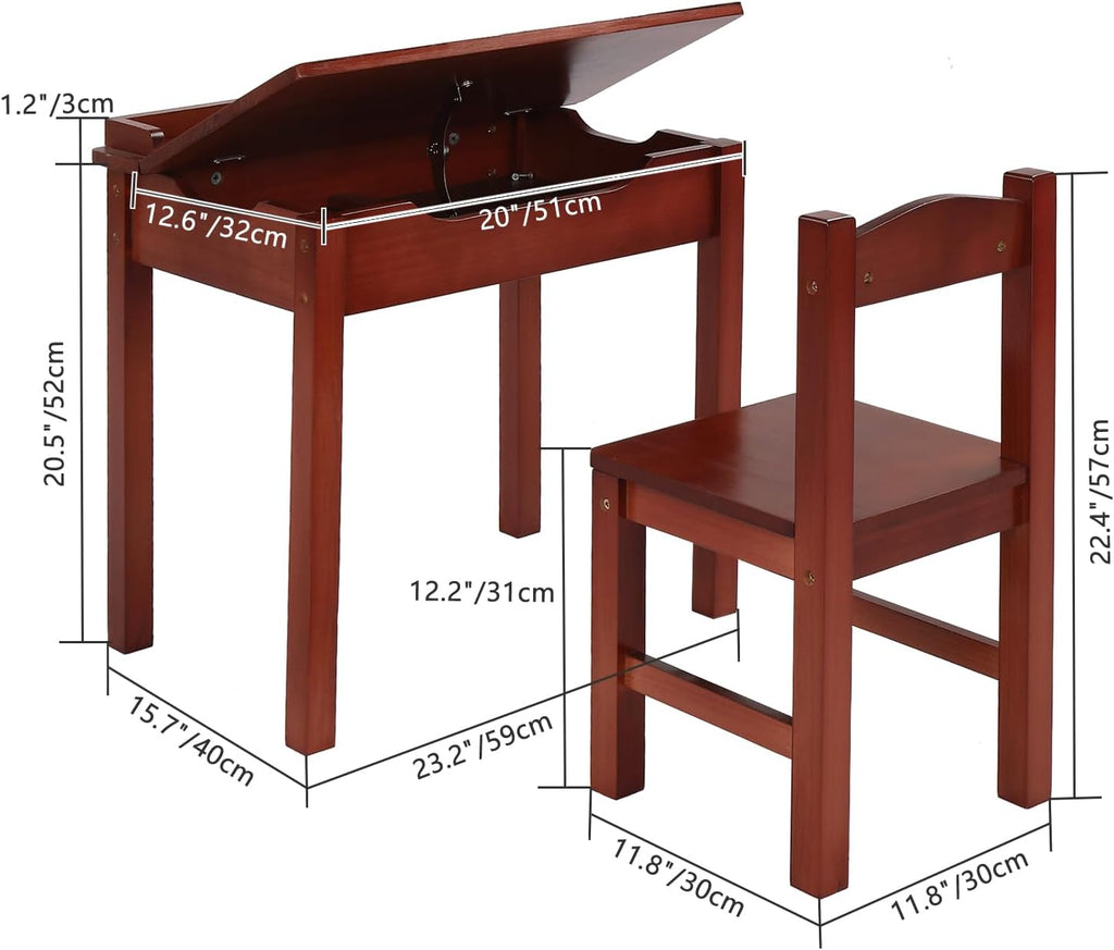 Kids Table and Chair Set, Flip Top Wood Study Desk w/Chair for Playroom, Wood Activity Table Set w/Storage Space for Arts, Crafts (Dark Coffee)