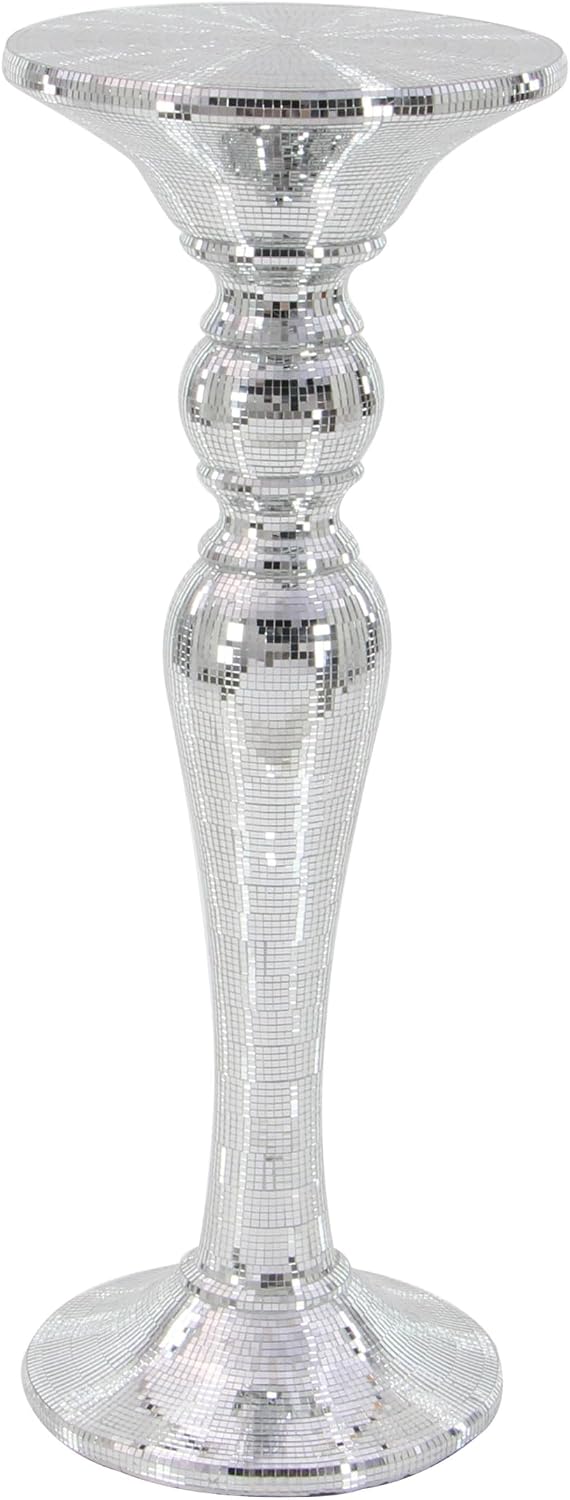 Deco 79 Polystone Round Pedestal Table with Mosaic Mirror Inlay, 14" x 14" x 36", Silver