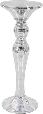 Deco 79 Polystone Round Pedestal Table with Mosaic Mirror Inlay, 14" x 14" x 36", Silver