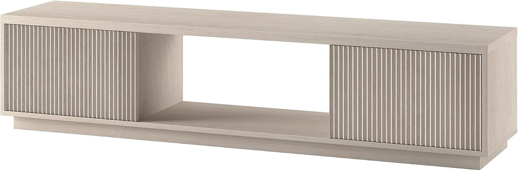 Henn&Hart 70" TV Stand for TVs up to 78", Beech White | Modern TV stand with ribbed cabinet doors and open center shelf for media or decor, perfect for living room or office