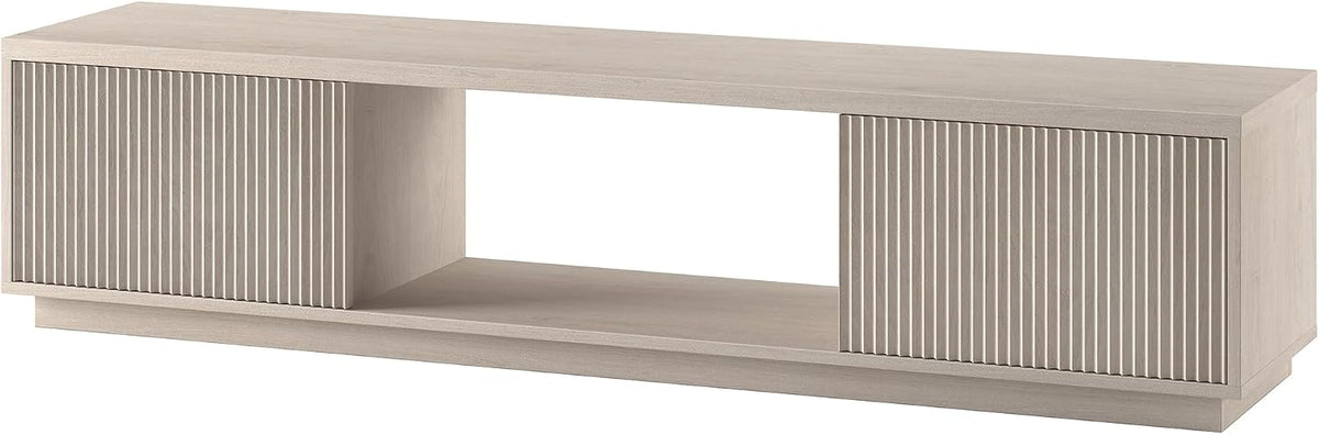 Henn&Hart 70" TV Stand for TVs up to 78", Beech White | Modern TV stand with ribbed cabinet doors and open center shelf for media or decor, perfect for living room or office