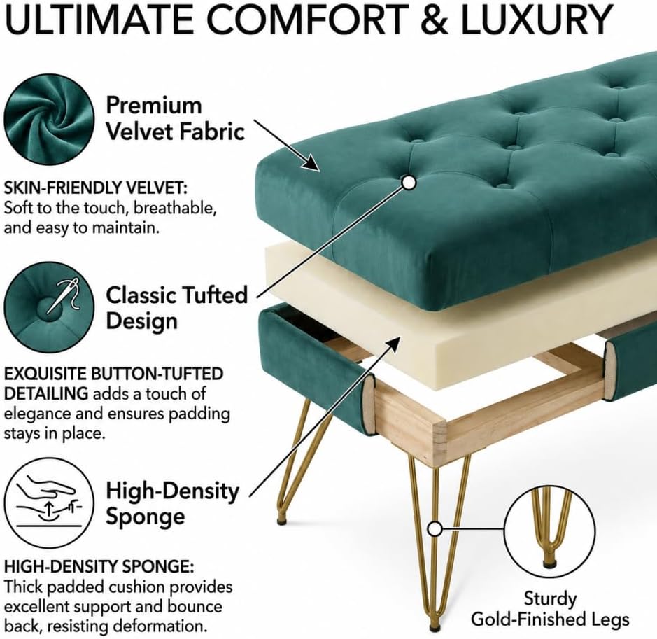 Velvet Button-Tufted Entryway Bench, 39.37" Modern Upholstered Bedroom Bench with Gold Metal Legs, Padded Rectangular End of Bed Bench for Living Room, Dining Room (Blackish Green)