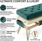 Velvet Button-Tufted Entryway Bench, 39.37" Modern Upholstered Bedroom Bench with Gold Metal Legs, Padded Rectangular End of Bed Bench for Living Room, Dining Room (Blackish Green)