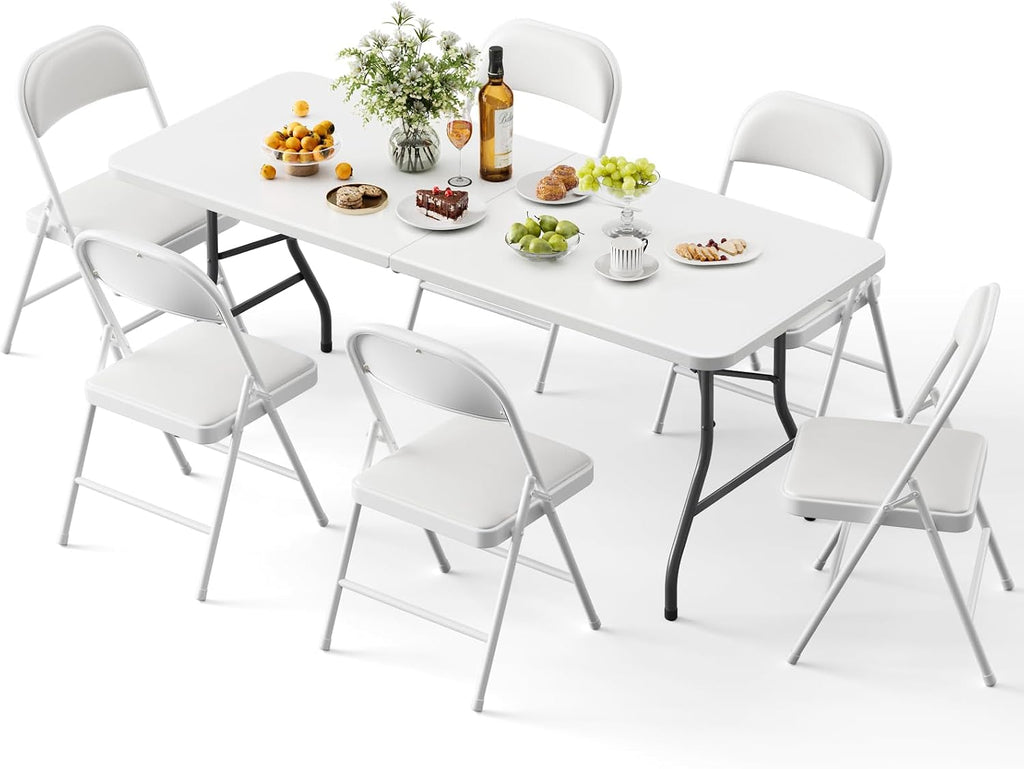 Folding Table and Chairs, 6ft Folding Table with Adjustable Height& PU Leather Padded Folding Chairs 6 Pack, Portable Table and Chairs Set for Indoor&Outdoor Use(White Table& White Chair)