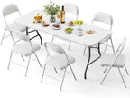 Folding Table and Chairs, 6ft Folding Table with Adjustable Height& PU Leather Padded Folding Chairs 6 Pack, Portable Table and Chairs Set for Indoor&Outdoor Use(White Table& White Chair)