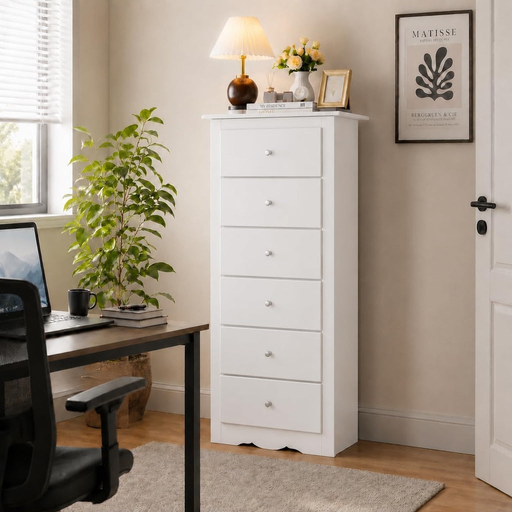 POWERSTONE 6-Drawer Storage Cabinet, 53 Inch Tall Wooden File Cabinet with Metal Pull Handles, Multi-Functional Office Supplies Organizer for Home Office, Living Room, Hallway, Entryway, White