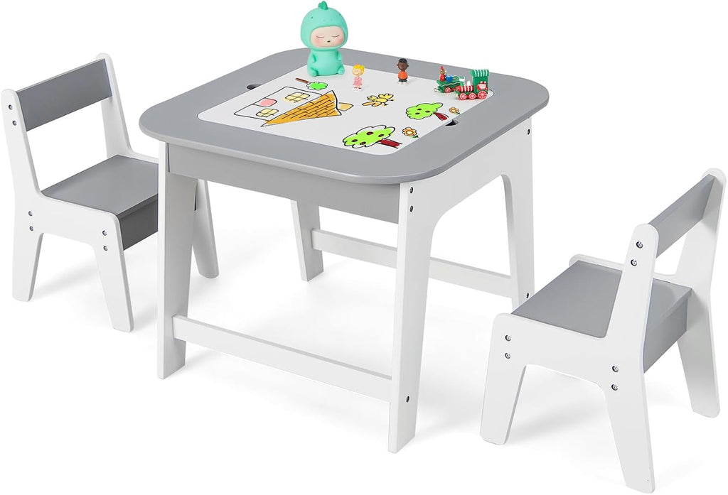 HONEY JOY Kids Table and Chair Set, 3-in-1 Children Wooden Activity Table and 2 Chairs for Art Craft, Reversible Blackboard, 3 PCS Toddler Furniture with Storage, Gift for Boys Girls (Gray)